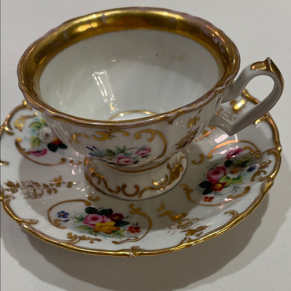 Elegant Gold and Floral Teacup and Saucer Set